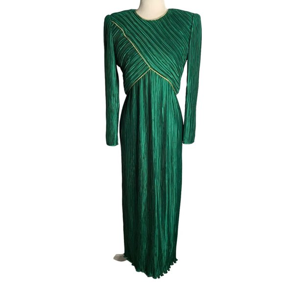 Vintage 80s George F Couture Evening Dress S Green Accordion Pleats Designer Zip - Picture 1 of 8